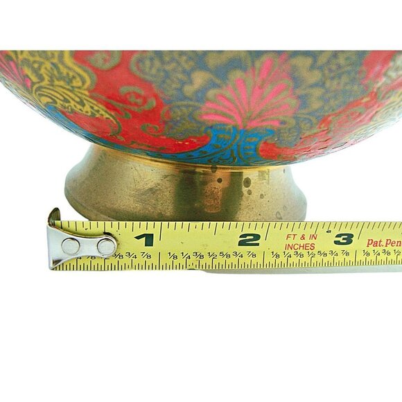 Vintage Multicolor Brass Enamel Scalloped Edge Raw Brass Foot Peacock Bowl Sz 6" - Picture 9 of 12